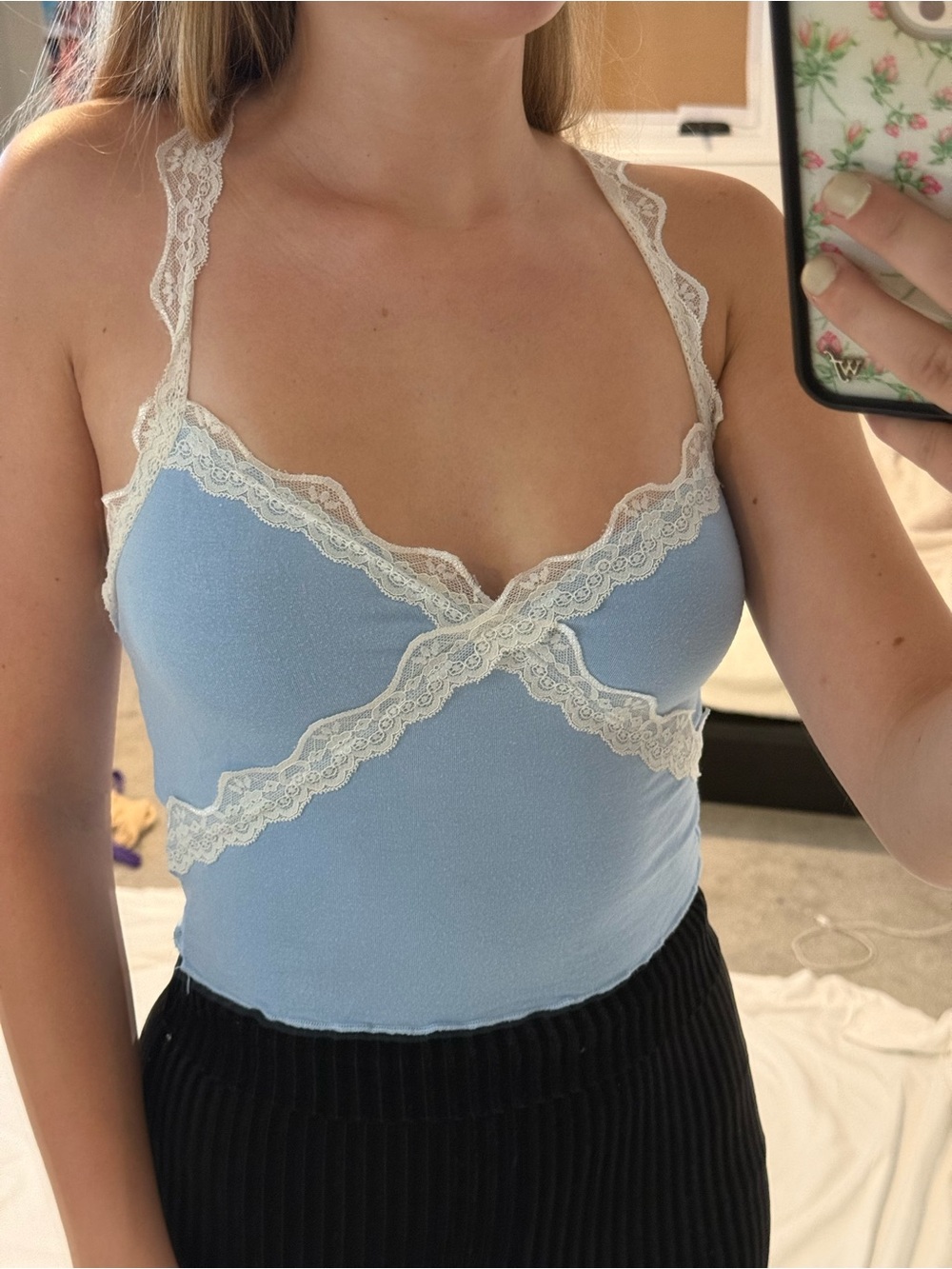 Blue Lace-Trim Halter Cami Top - Women